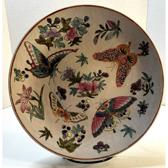 Vintage One Of A Kind Enamel Chinese Hand Painted Porcelain Butterfly Dish - Picture 2 of 7